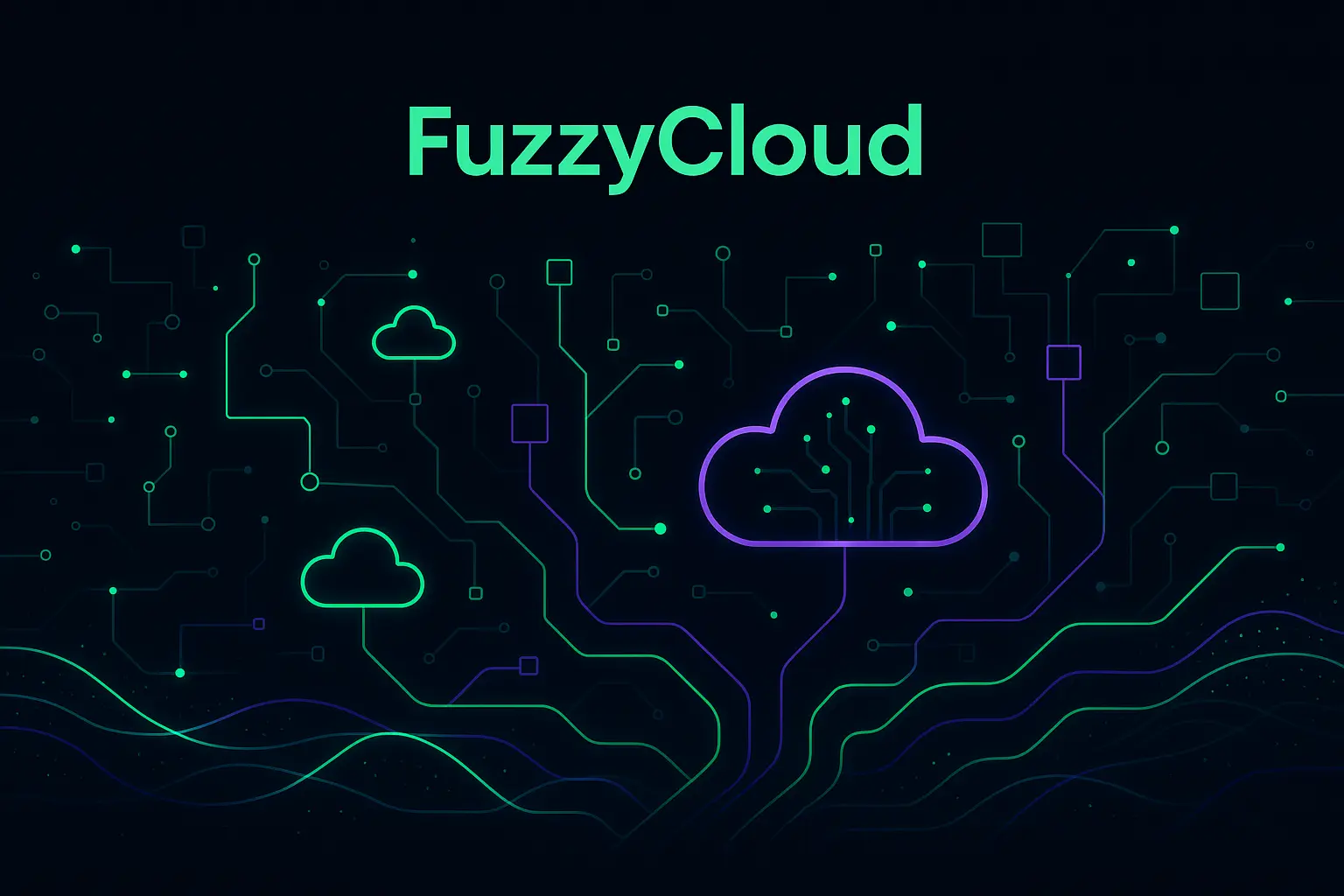 FuzzyCloud — cloud architecture and AI systems visualized as a clean circuit network